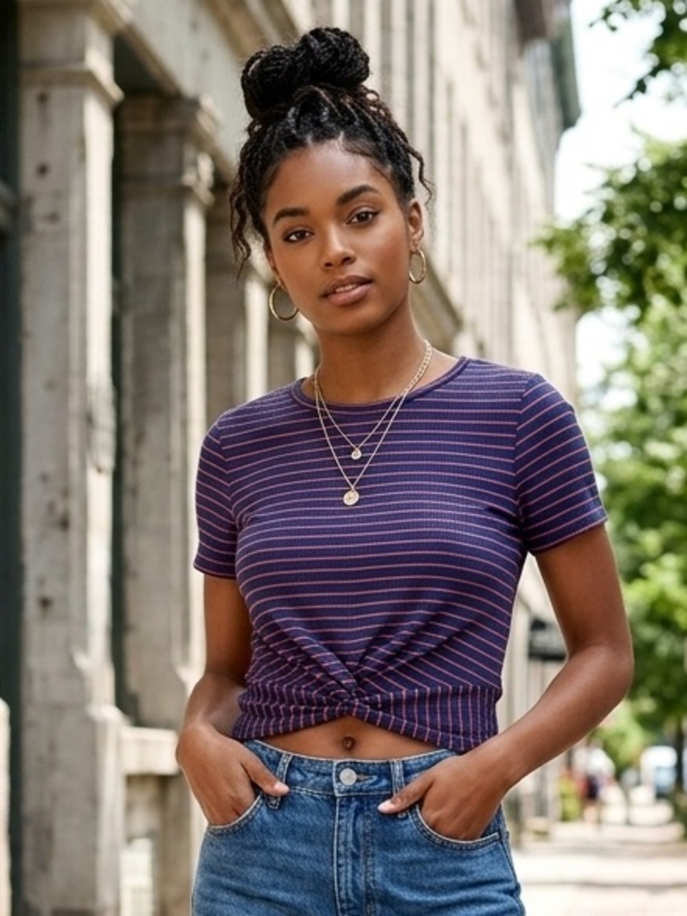 Ribbed Front Twist Crop Top | Nautical Stripe Y2K